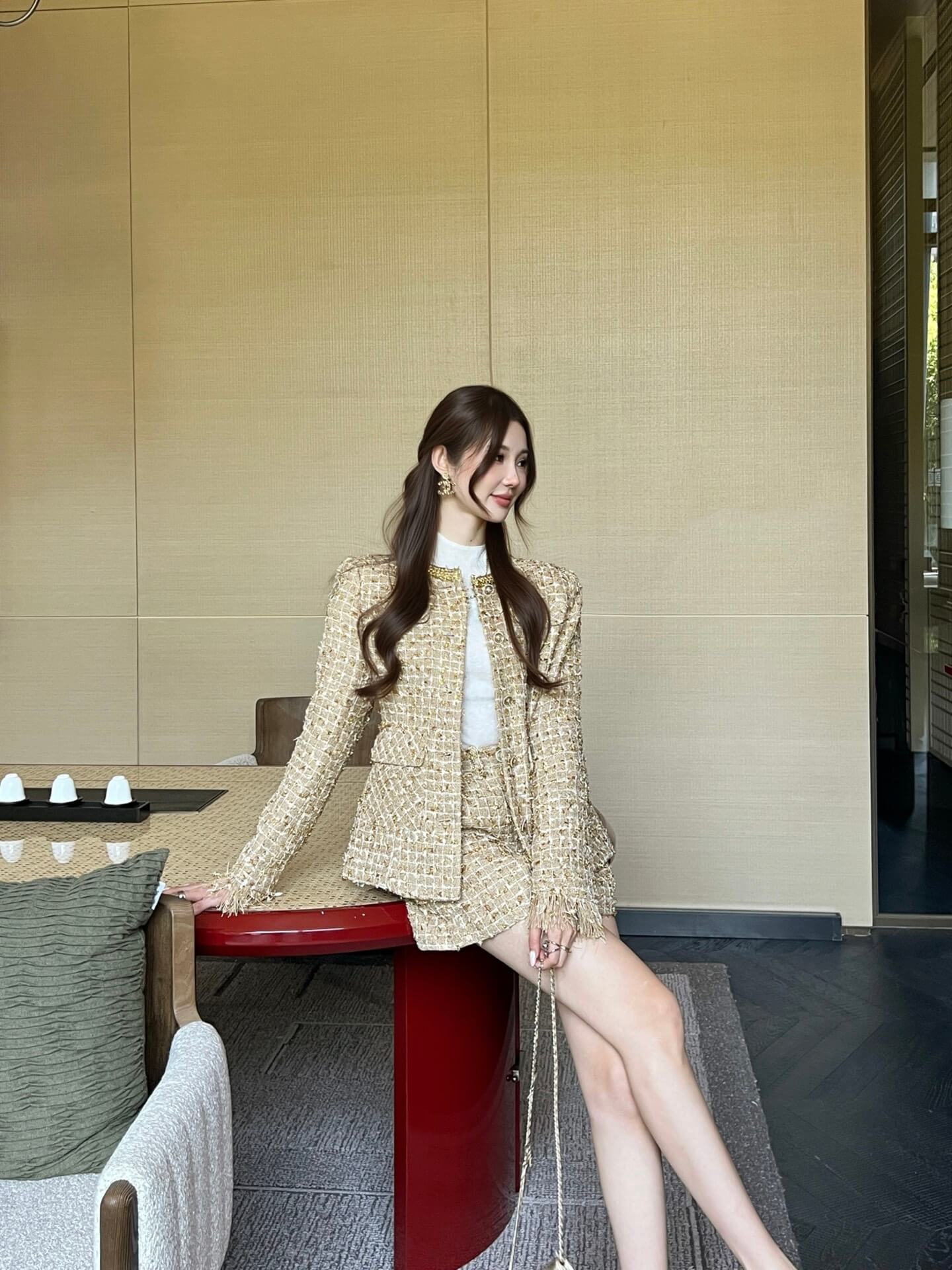 Chanel Metallic Gold Tweed Jacket and Shorts 2-Piece Set.