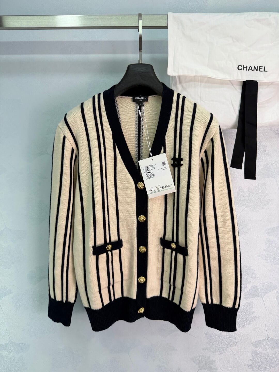 Chanel Striped V-Neck Knit Cardigan Sweater with CC Logo.
