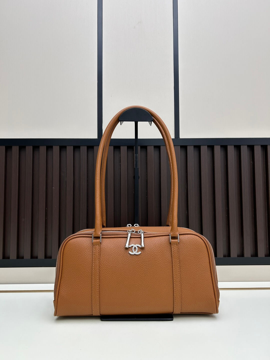 Chanel Tan Brown Caviar Leather Bowling Bag with Silver Hardware.