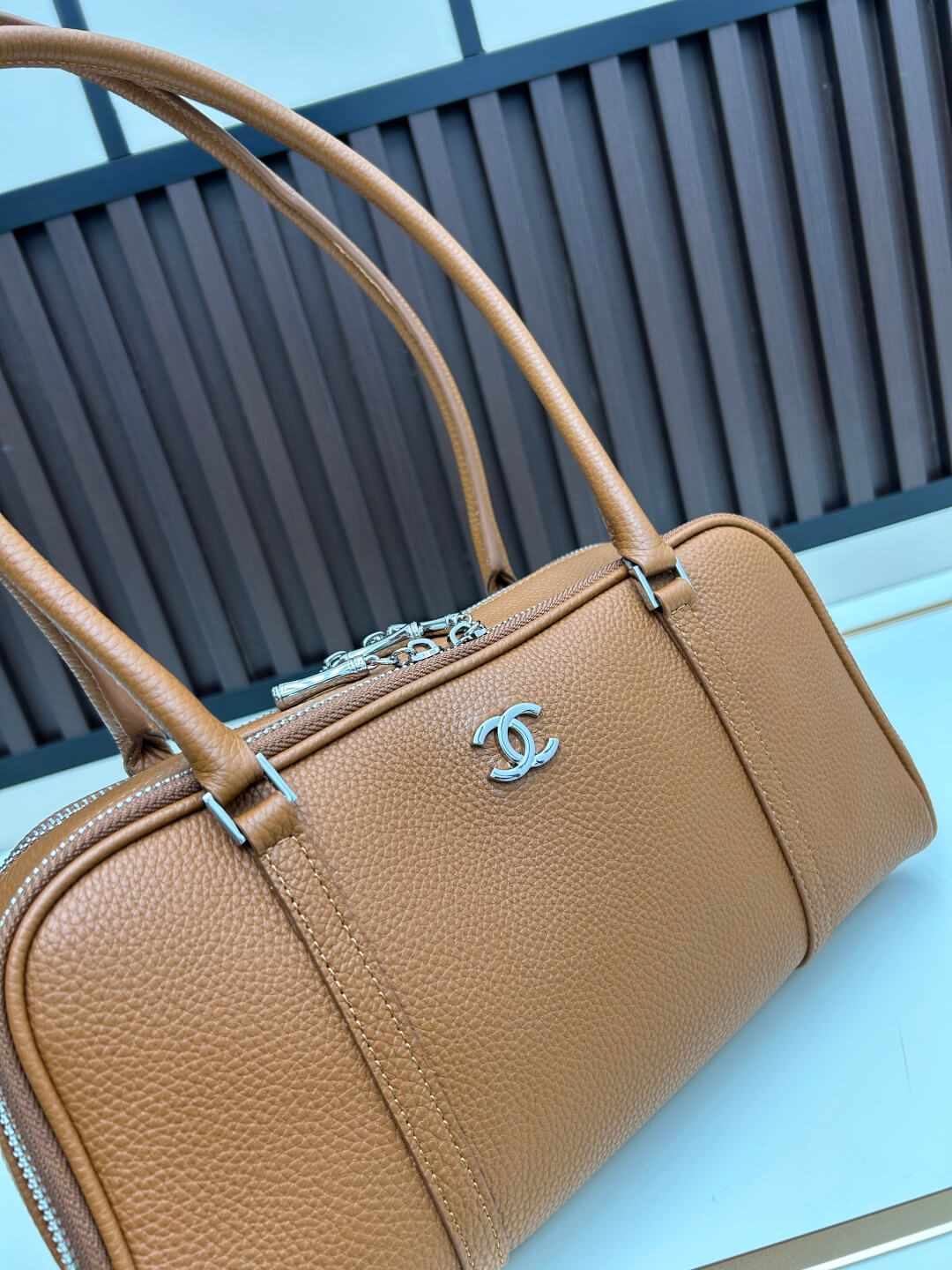 Chanel Tan Brown Caviar Leather Bowling Bag with Silver Hardware. - Image 5