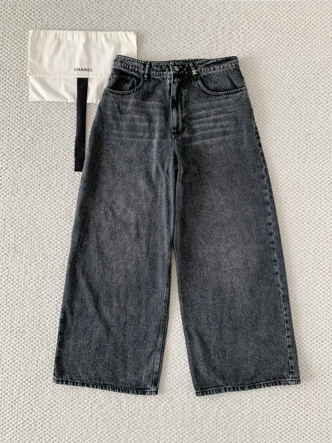 Chanel Washed Black High-Waisted Wide-Leg Denim Jeans.
