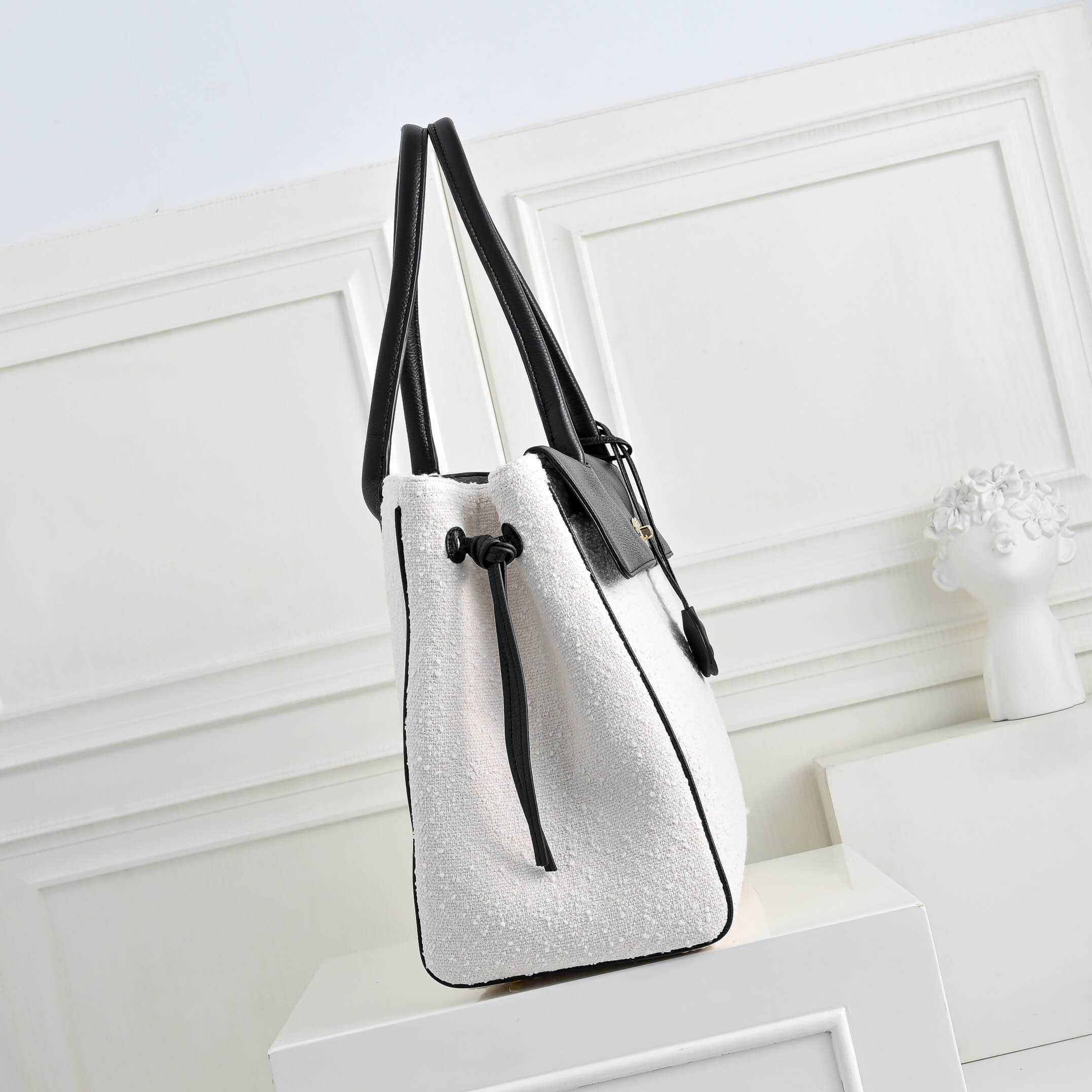 Chanel Urban Essentials Shopping Tote – White Tweed & Black Leather - Image 2