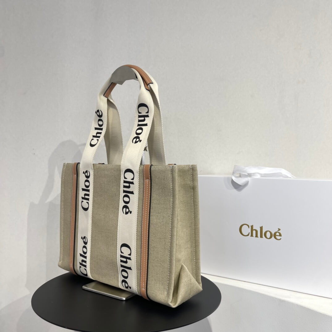 Chloé Medium Woody Tote Bag in Beige Linen and Brown Leather - Image 3
