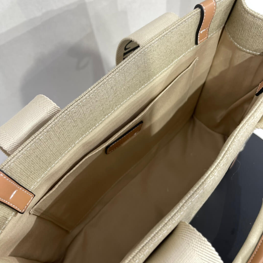 Chloé Medium Woody Tote Bag in Beige Linen and Brown Leather - Image 4