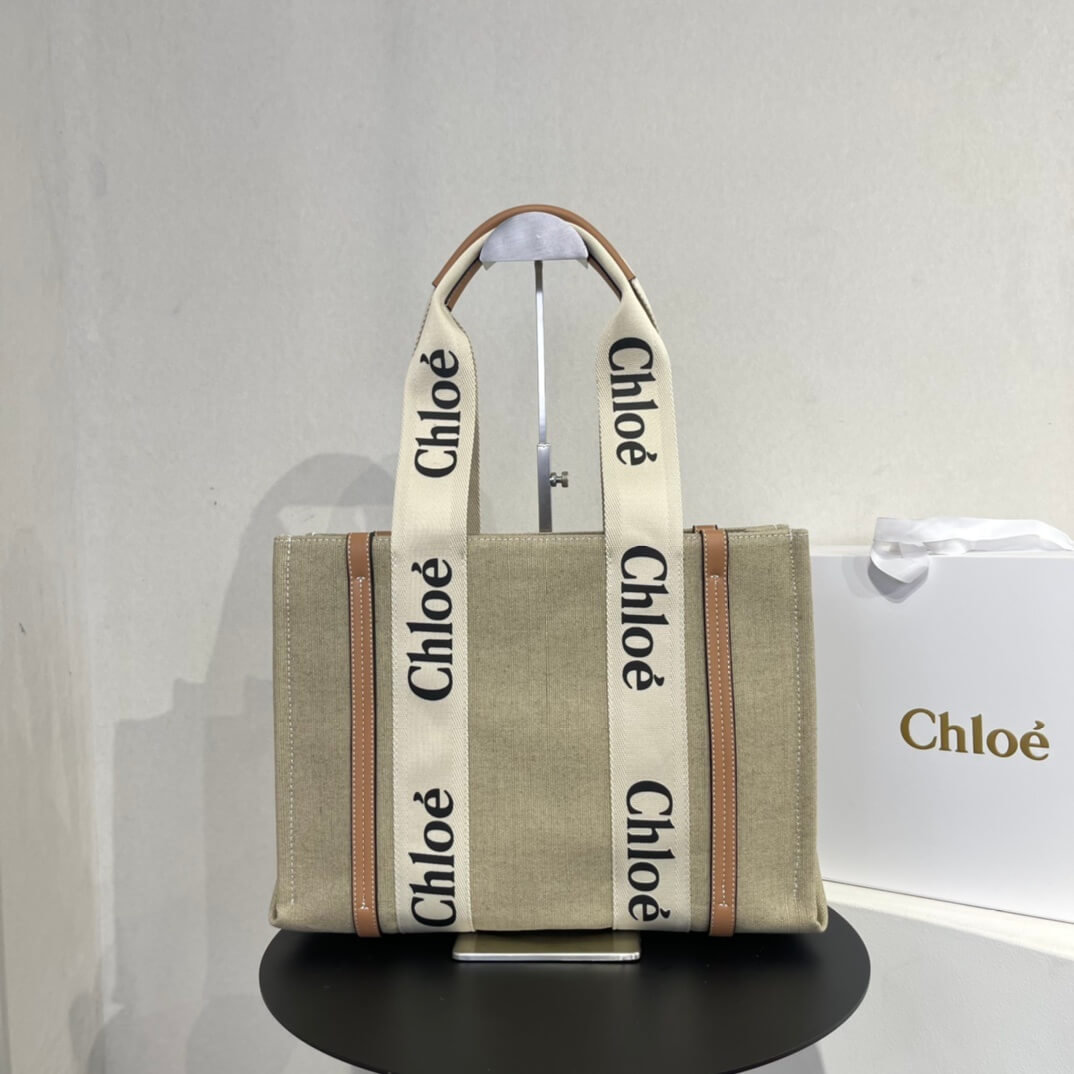 Chloé Medium Woody Tote Bag in Beige Linen and Brown Leather
