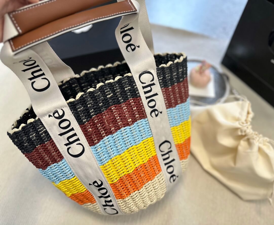 Chloé Small Woody Basket Bag in Multicolor Woven Paper and Leather