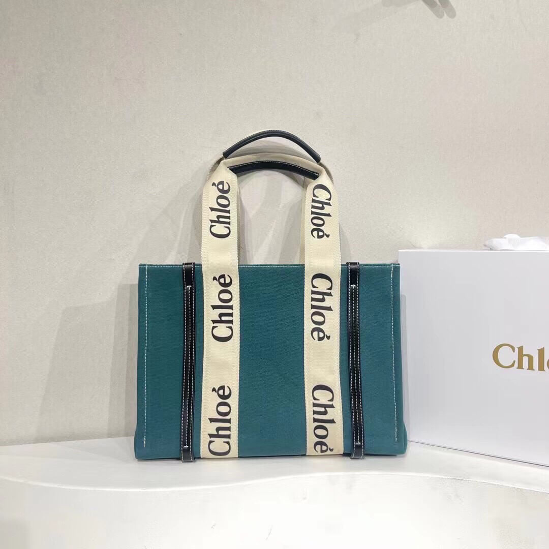 Chloé Woody Tote Bag in Dark Green Wool Felt and Black Leather