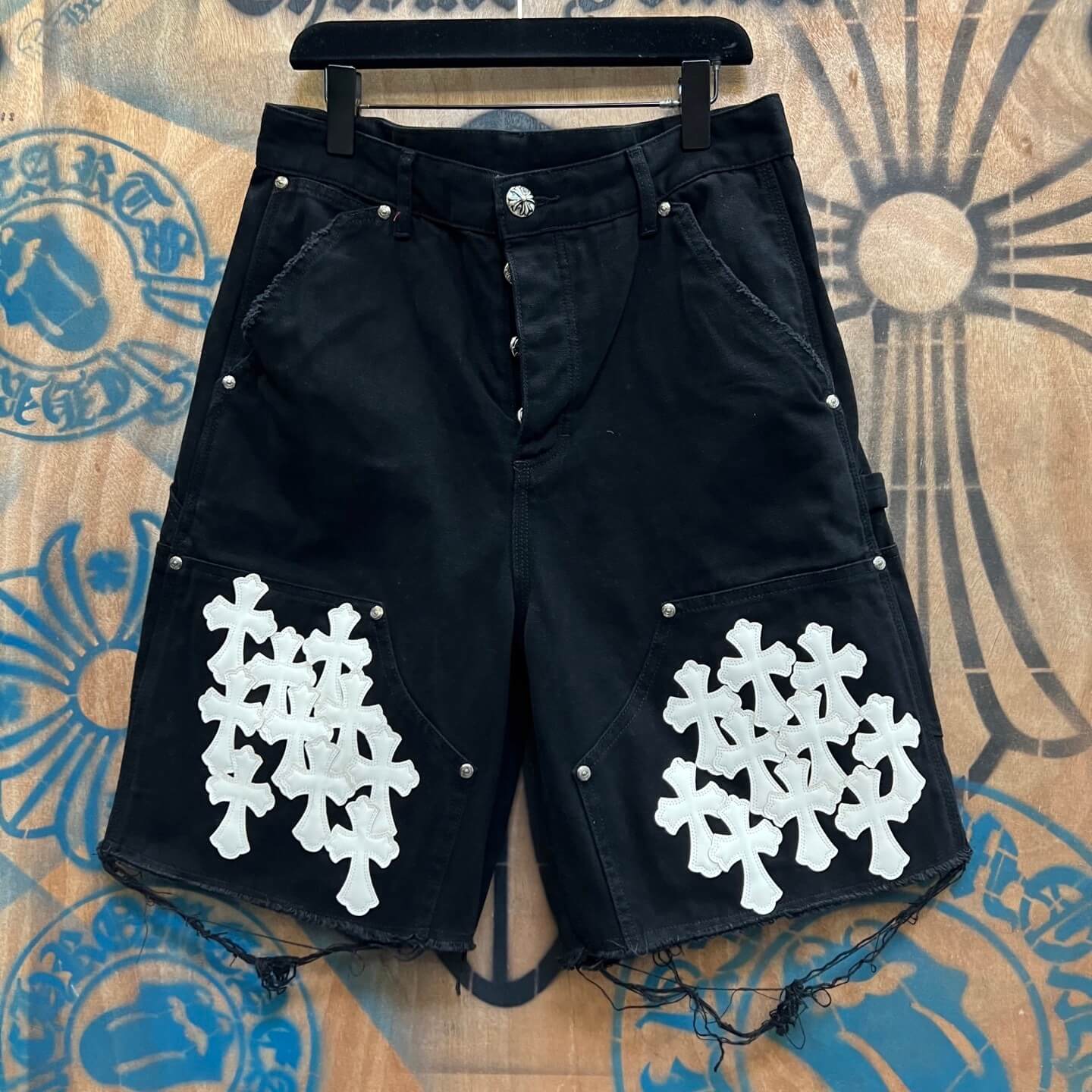 Chrome Hearts Black Denim Carpenter Shorts with White Cross Patches