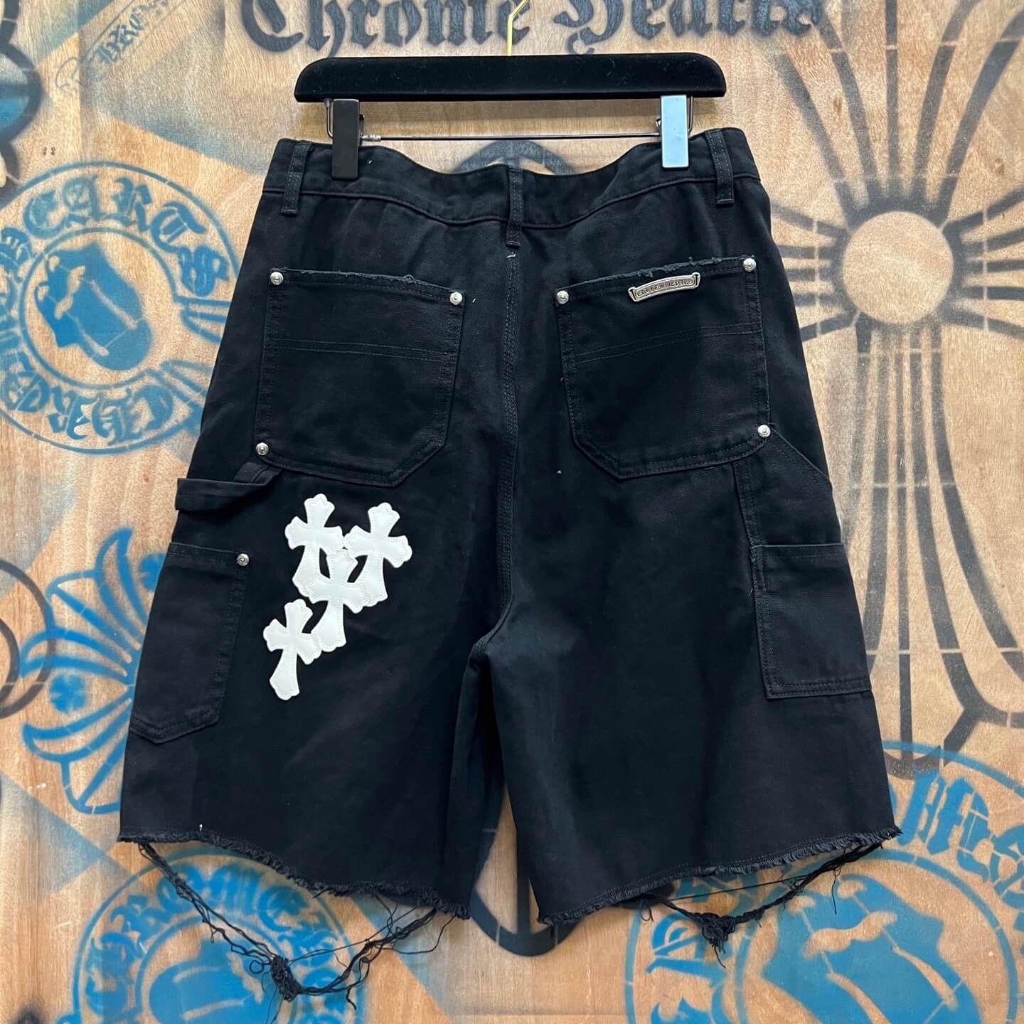 Chrome Hearts Black Denim Carpenter Shorts with White Cross Patches - Image 6