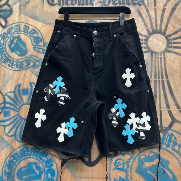 Chrome Hearts Black Denim Multi-Color Cross Patch Carpenter Shorts