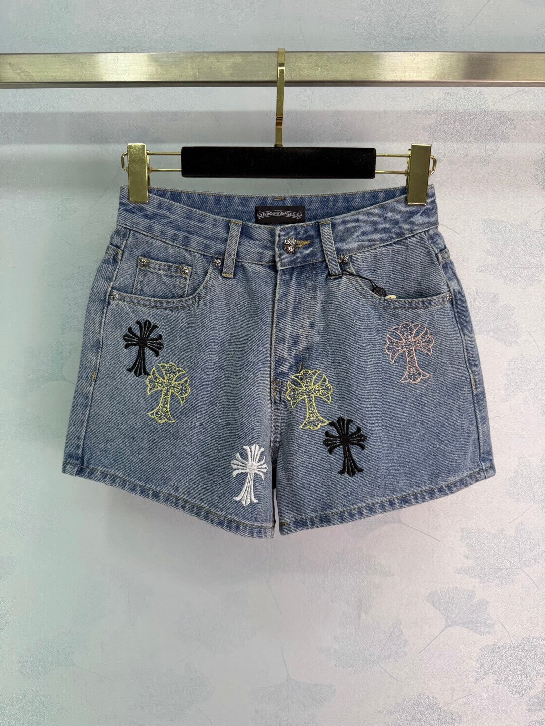 Chrome Hearts Multi-Color Cross Patch Denim Shorts - Women's High Waisted Embroidered Jean Shorts Streetwear Style.