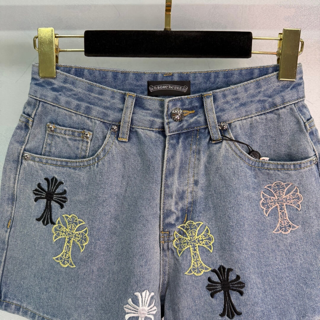 Chrome Hearts Multi-Color Cross Patch Denim Shorts - Women's High Waisted Embroidered Jean Shorts Streetwear Style. - Image 3