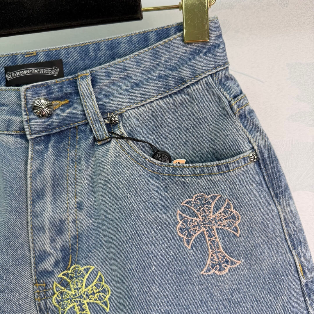 Chrome Hearts Multi-Color Cross Patch Denim Shorts - Women's High Waisted Embroidered Jean Shorts Streetwear Style. - Image 4