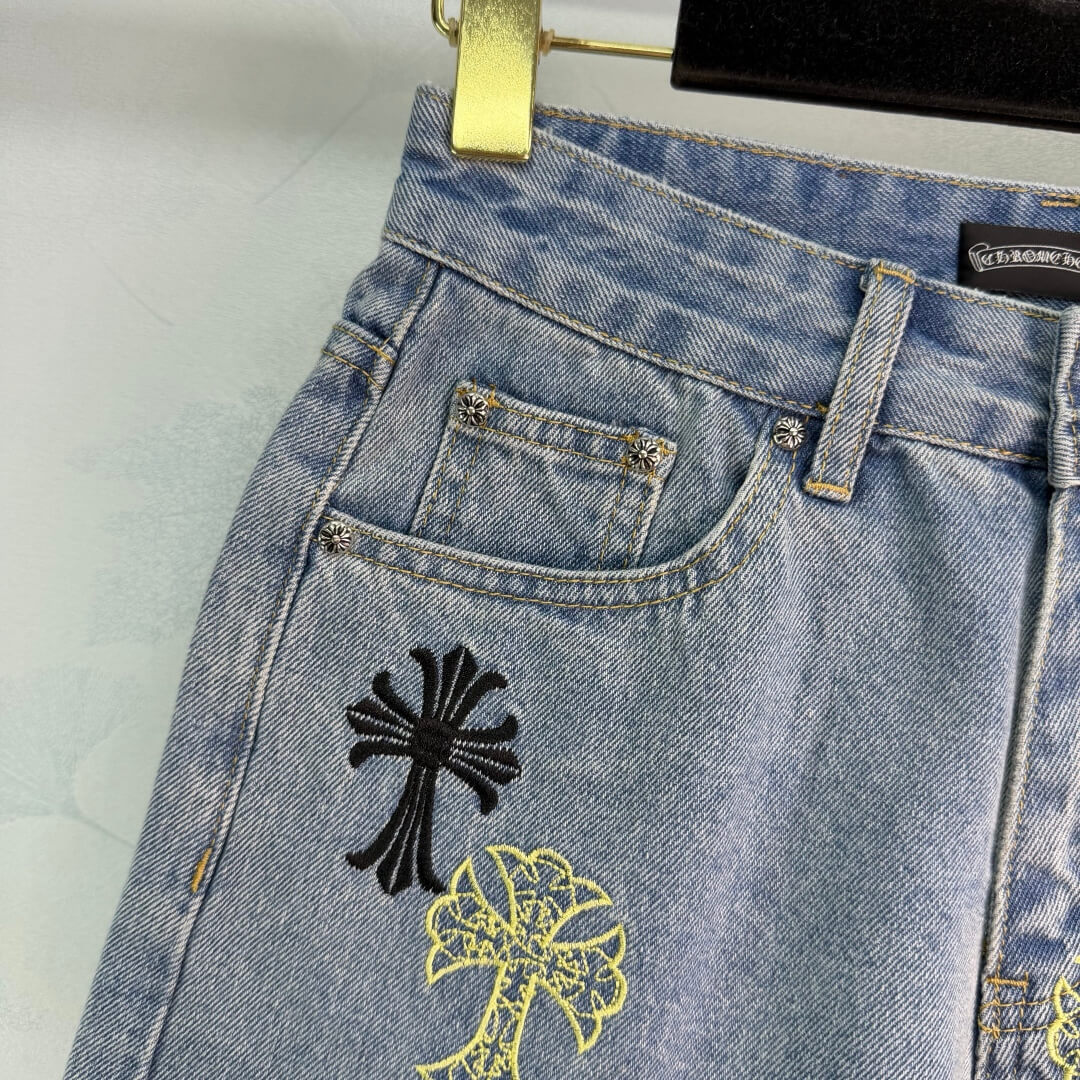 Chrome Hearts Multi-Color Cross Patch Denim Shorts - Women's High Waisted Embroidered Jean Shorts Streetwear Style. - Image 5