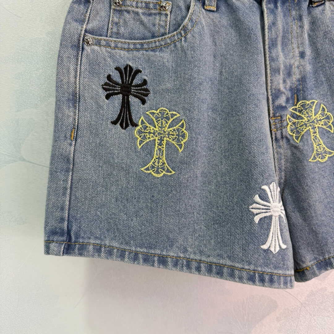 Chrome Hearts Multi-Color Cross Patch Denim Shorts - Women's High Waisted Embroidered Jean Shorts Streetwear Style. - Image 6