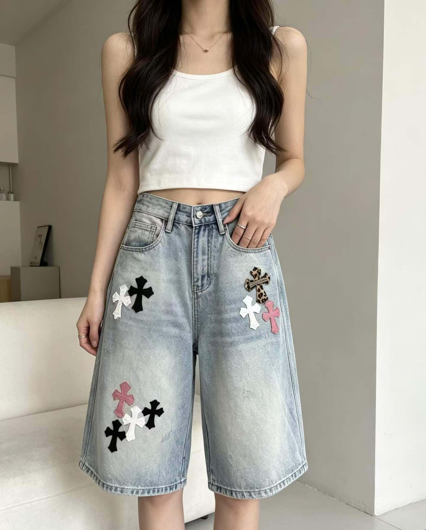 Chrome Hearts Style Multi-Color Cross Patch Distressed Denim Shorts