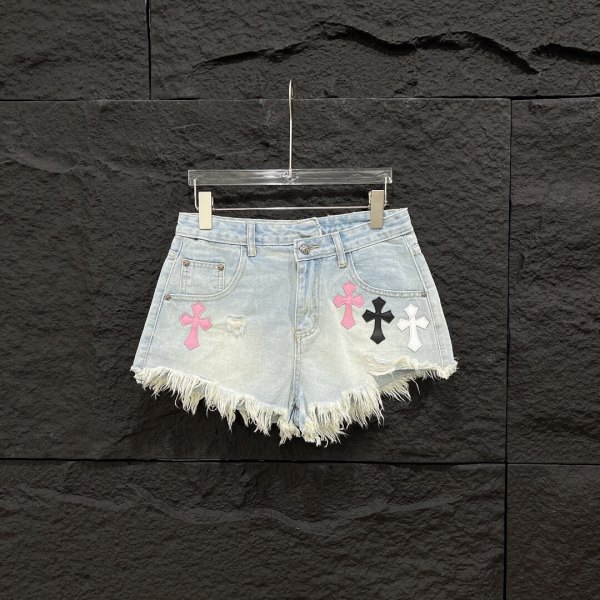 Chrome Hearts Style Multi-Color Cross Patch Distressed Raw Hem Denim Shorts