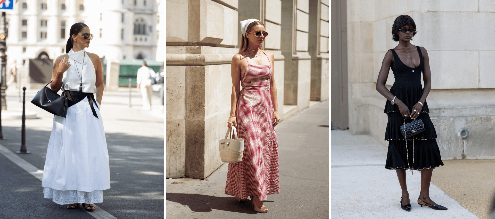 Three chic summer street-style outfit ideas featuring a high-neck halter top with a maxi skirt, a red gingham sundress with a headscarf, and a layered black midi dress with a Chanel handbag.