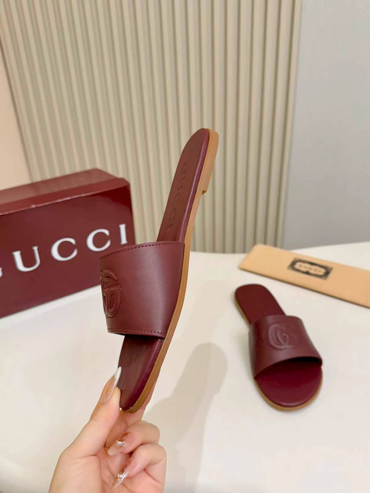 Gucci Burgundy Double G Embossed Women’s Flat Slide Sandals - Image 4