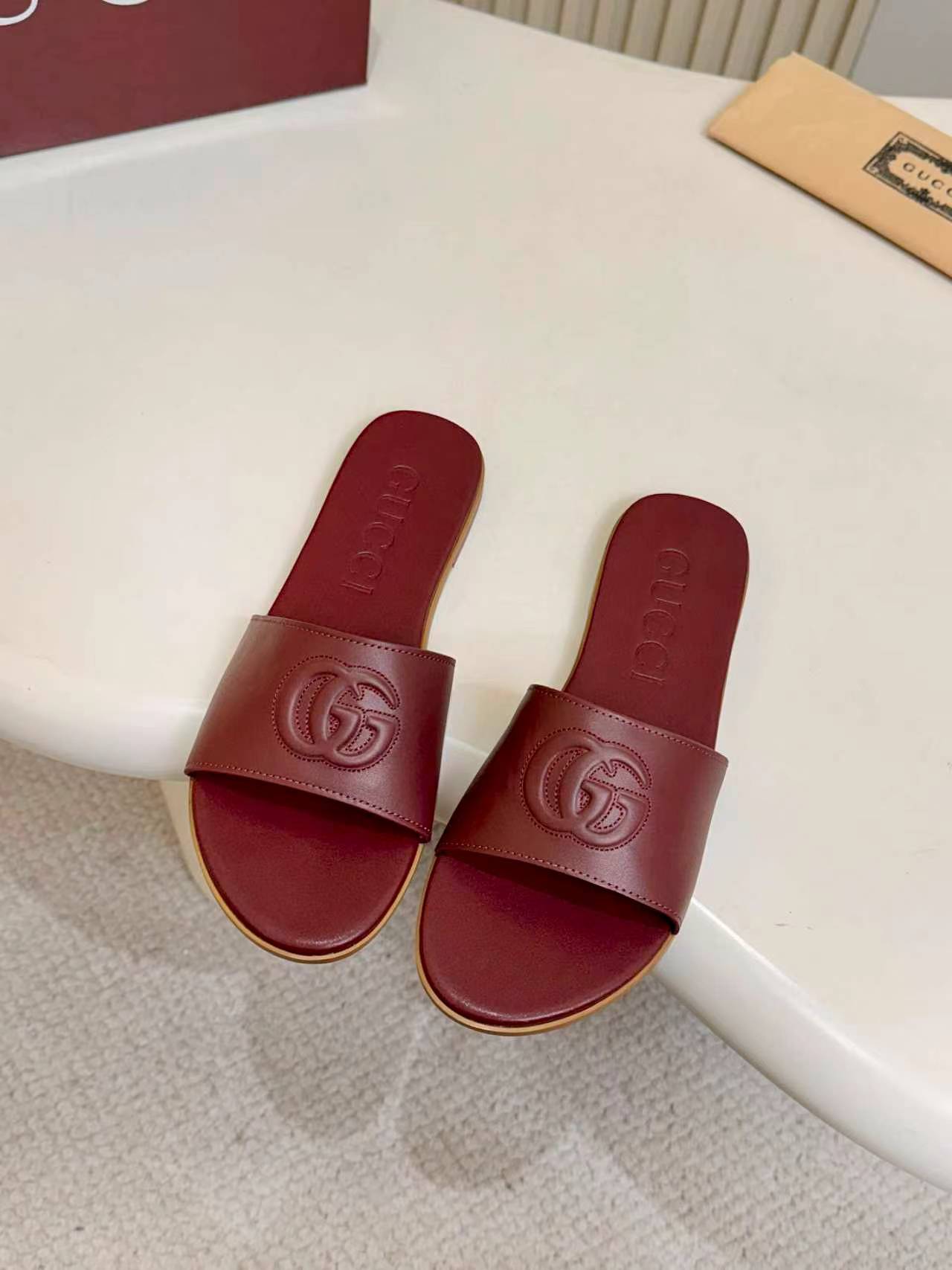 Gucci Burgundy Double G Embossed Women’s Flat Slide Sandals - Image 5