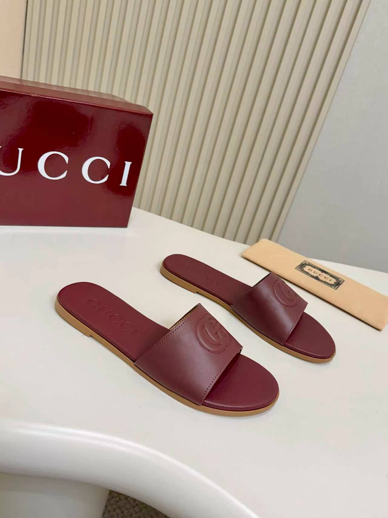 Gucci Burgundy Double G Embossed Women’s Flat Slide Sandals - Image 6