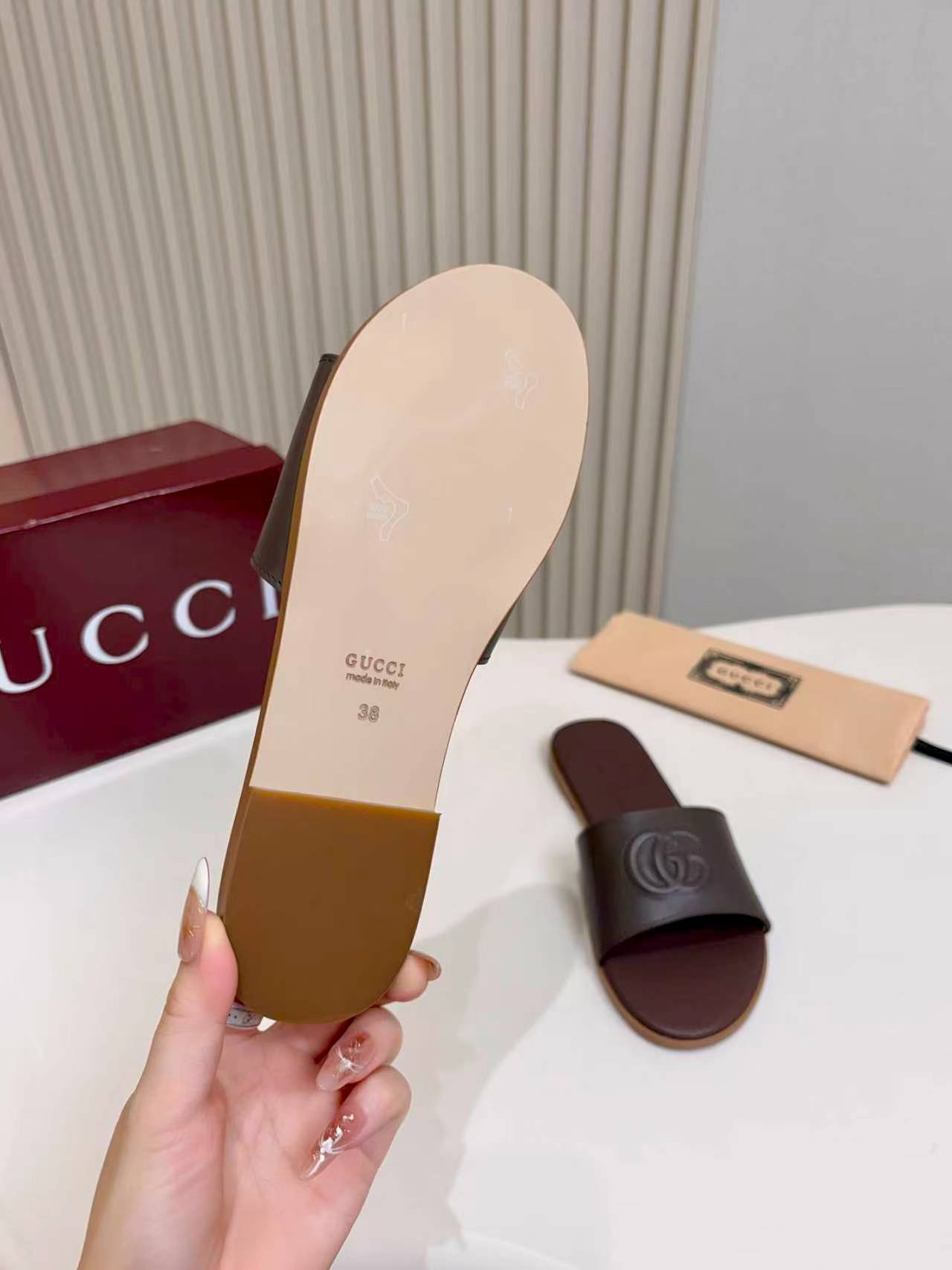 Gucci Dark Brown Double G Embossed Women’s Flat Slide Sandals - Image 8
