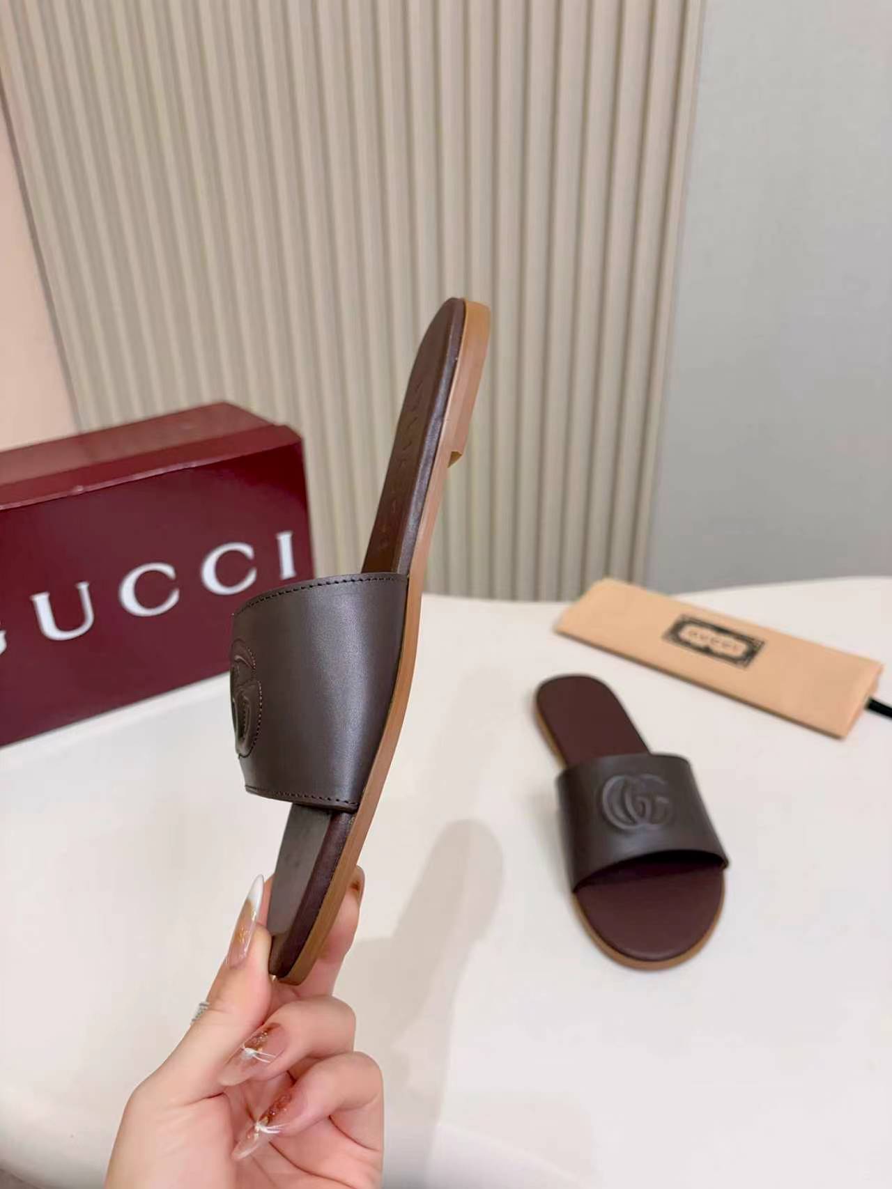 Gucci Dark Brown Double G Embossed Women’s Flat Slide Sandals - Image 7