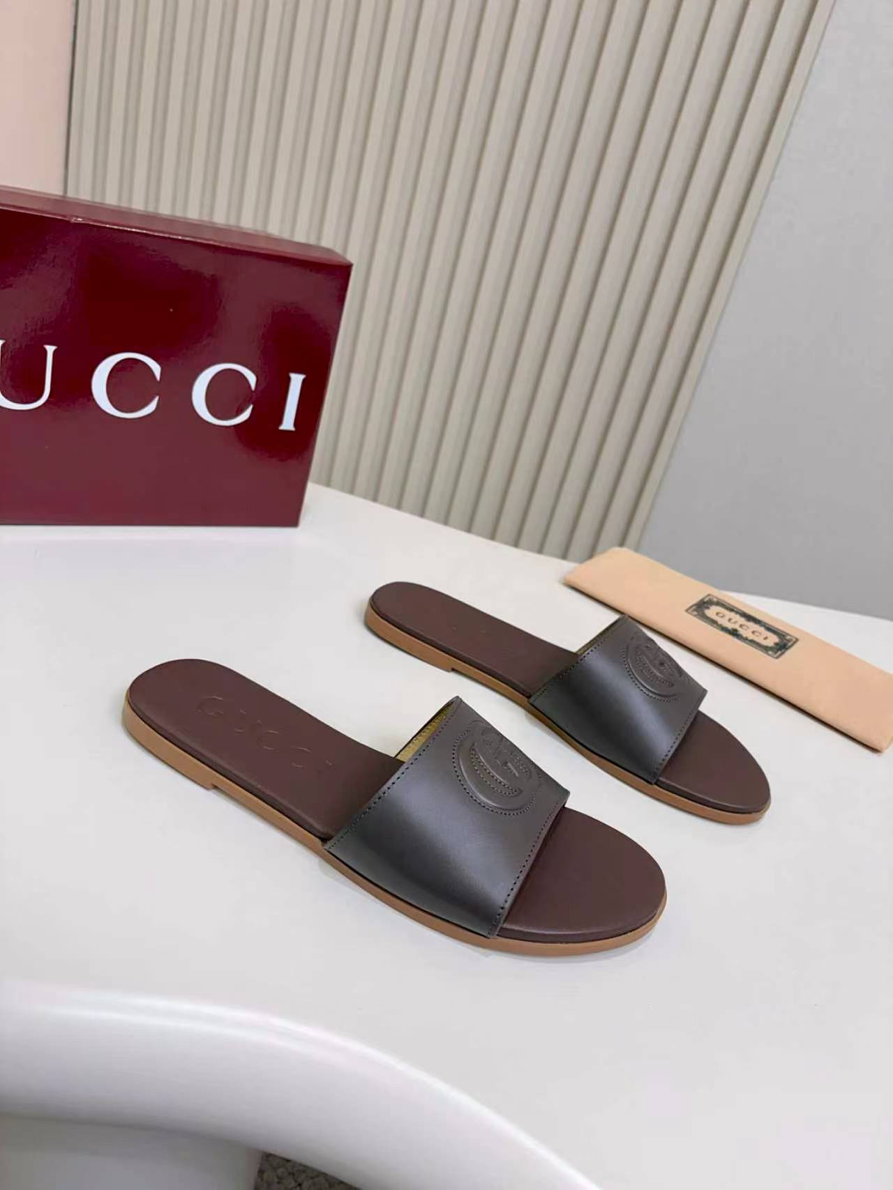 Gucci Dark Brown Double G Embossed Women’s Flat Slide Sandals - Image 6