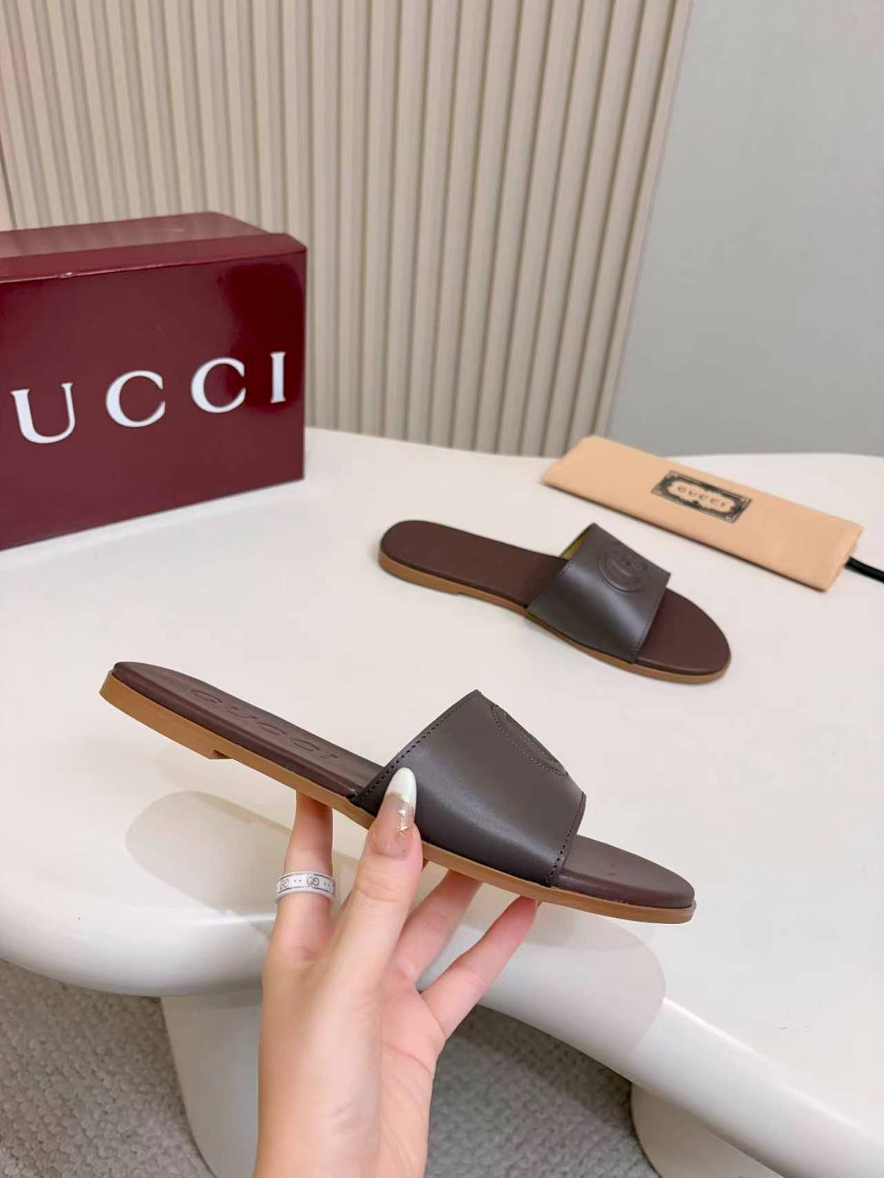 Gucci Dark Brown Double G Embossed Women’s Flat Slide Sandals - Image 5