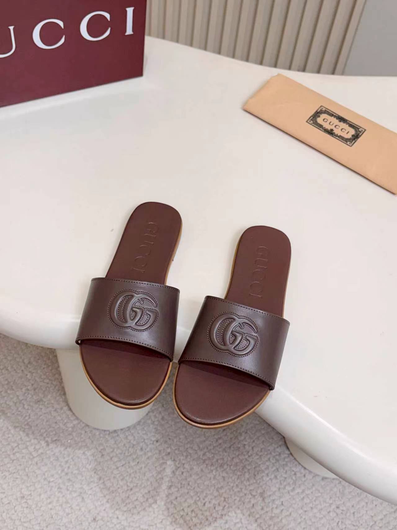 Gucci Dark Brown Double G Embossed Women’s Flat Slide Sandals - Image 4