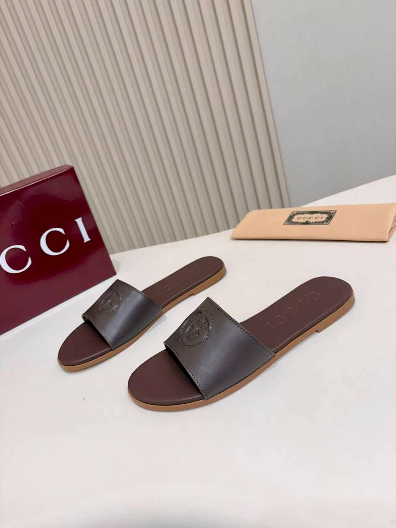 Gucci Dark Brown Double G Embossed Women’s Flat Slide Sandals - Image 3