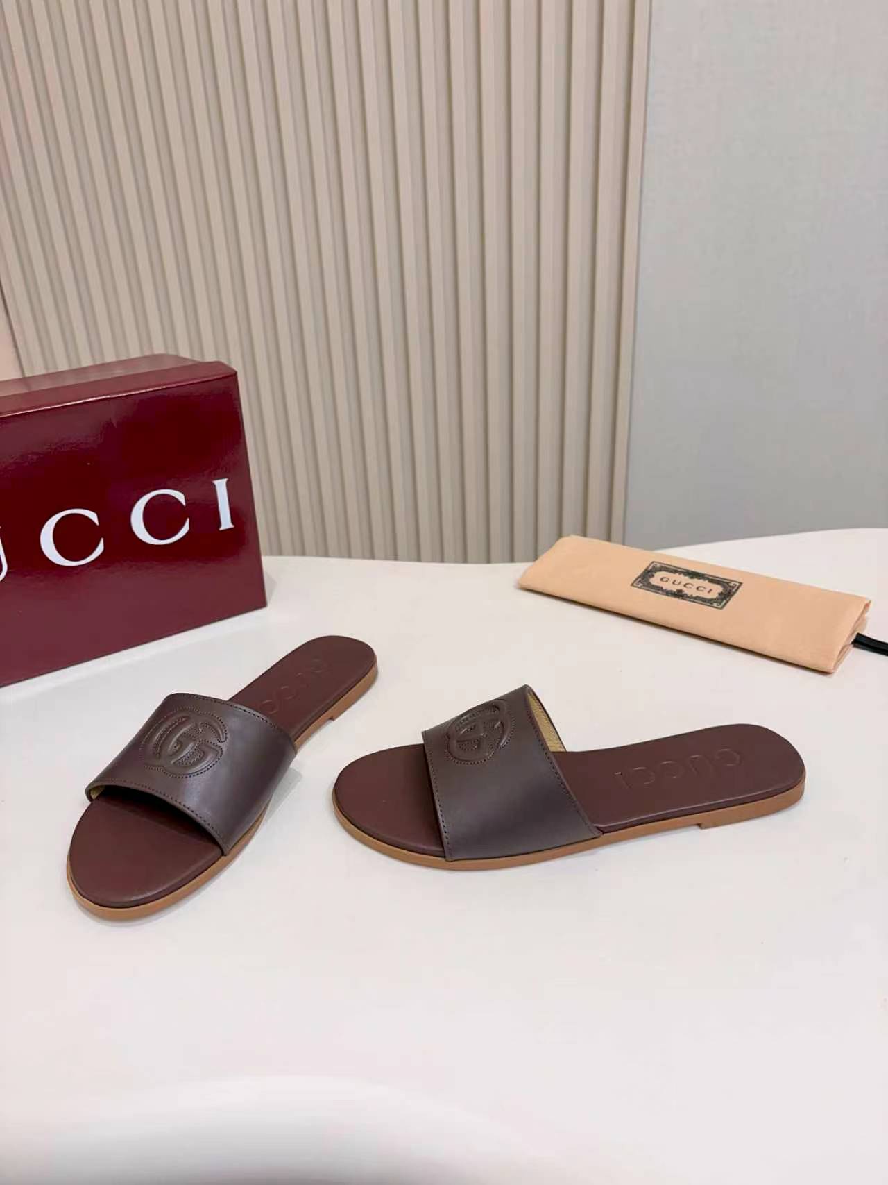 Gucci Dark Brown Double G Embossed Women’s Flat Slide Sandals