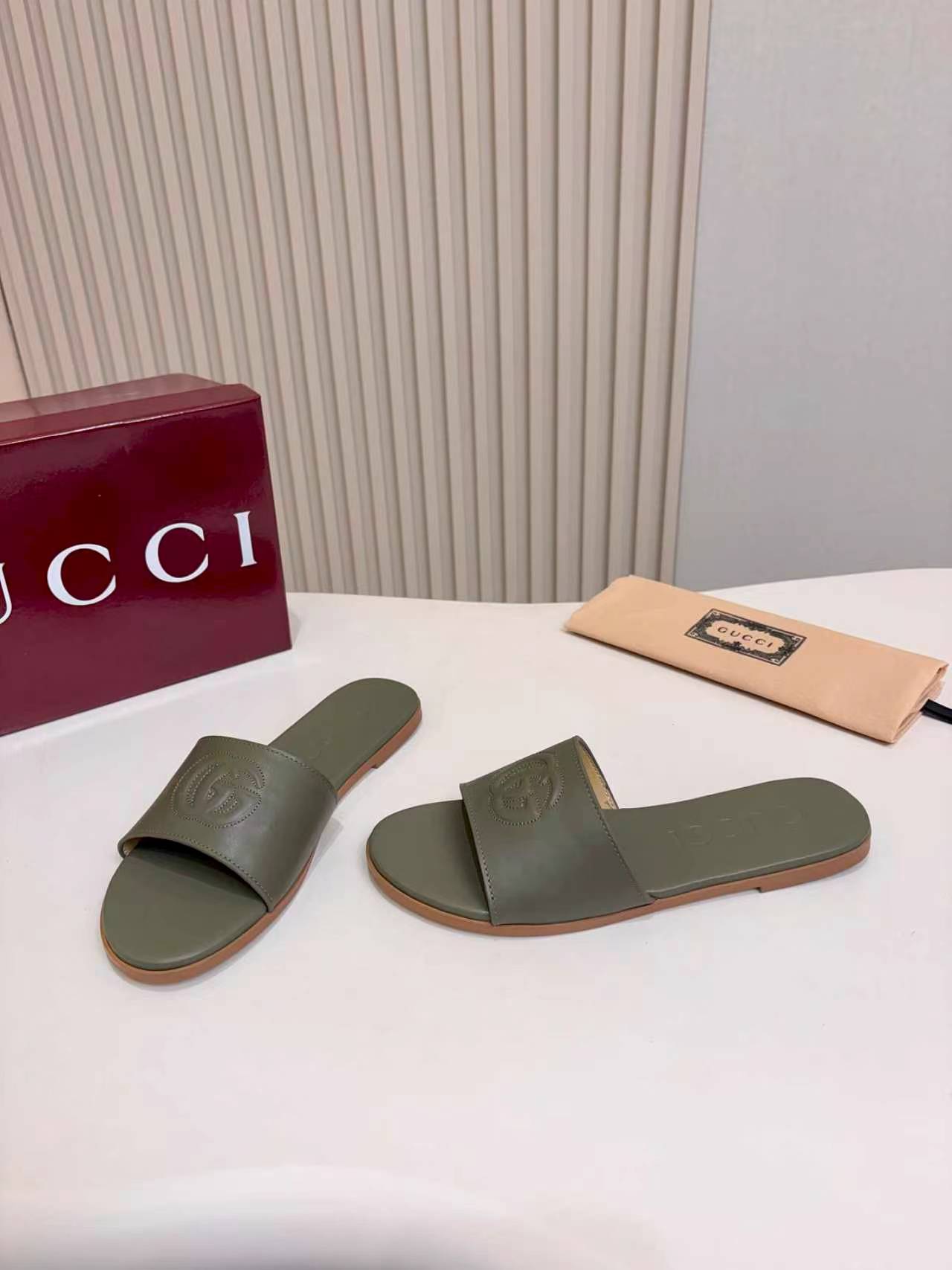 Gucci Olive Green Double G Embossed Women’s Flat Slide Sandals