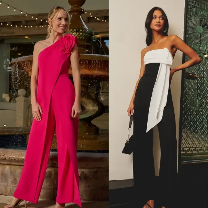 Two women posing in chic evening jumpsuits featuring a hot pink one-shoulder jumpsuit with a floral rosette shoulder accent and a two-tone black and white strapless jumpsuit with a large drape bow detail.
