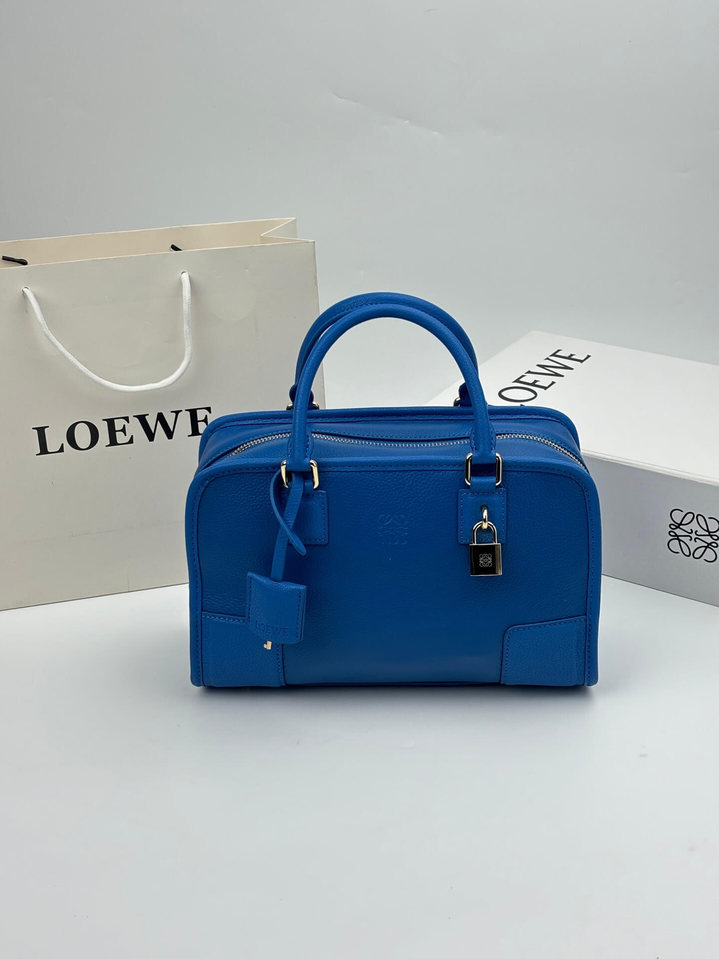 Loewe Amazona 28 Blue Grained Leather Top Handle Bag.