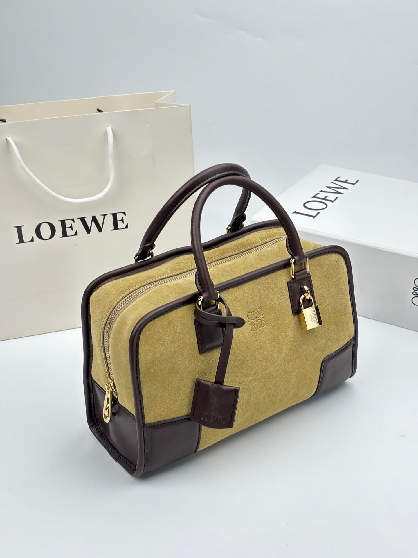 Loewe Amazona 28 Khaki Suede and Brown Leather Top Handle Bag