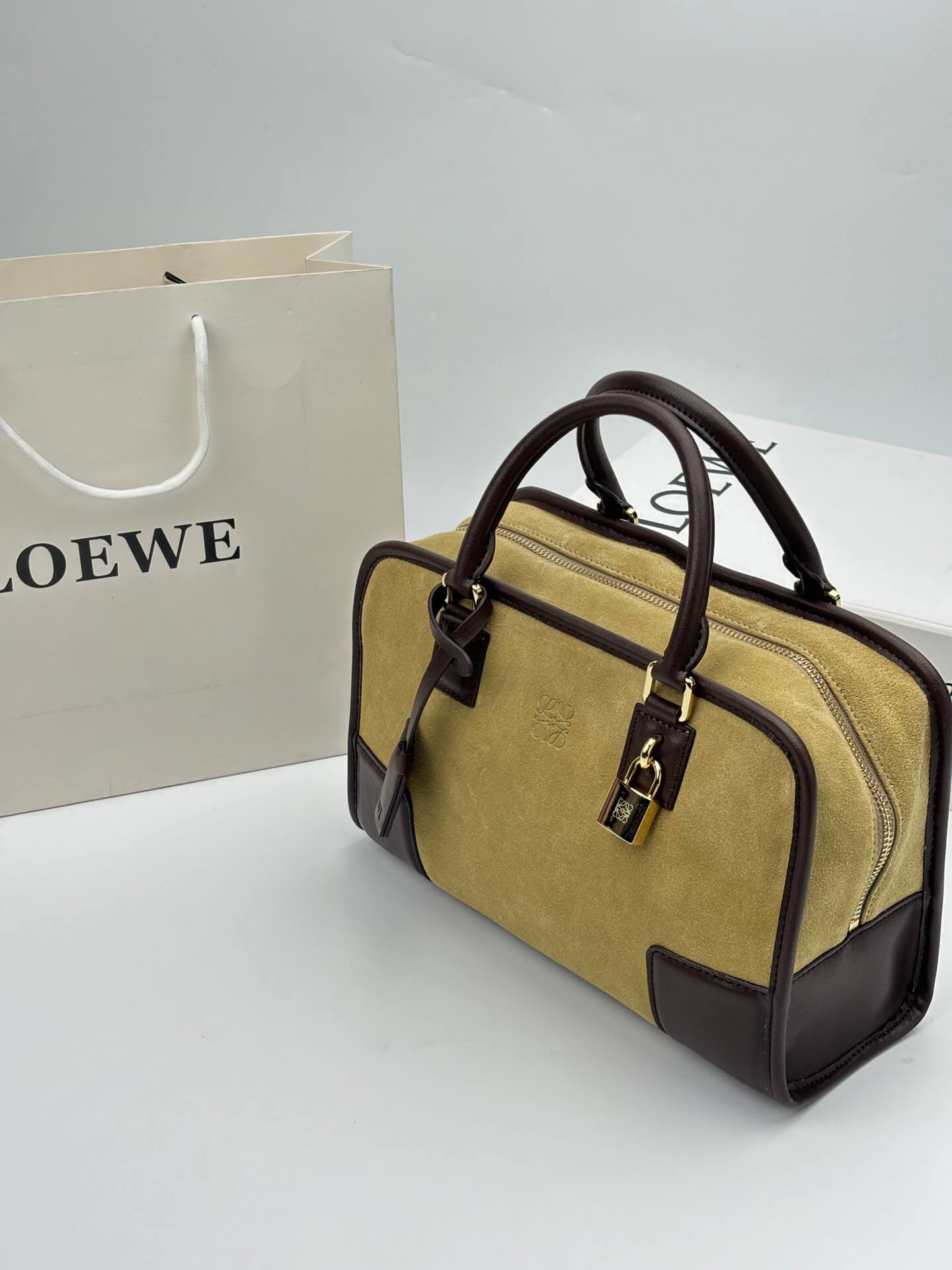 Loewe Amazona 28 Khaki Suede and Brown Leather Top Handle Bag - Image 6