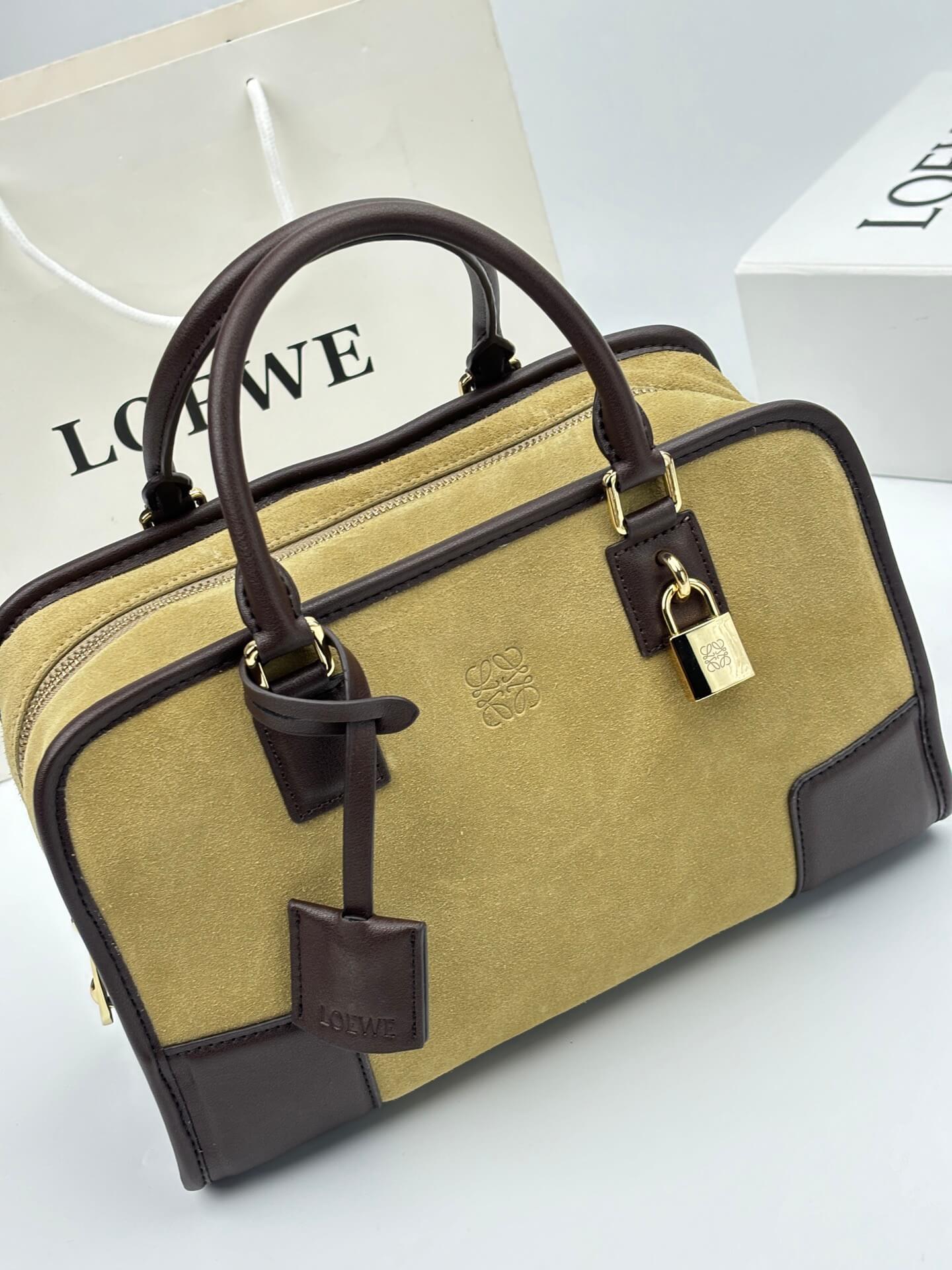 Loewe Amazona 28 Khaki Suede and Brown Leather Top Handle Bag - Image 7