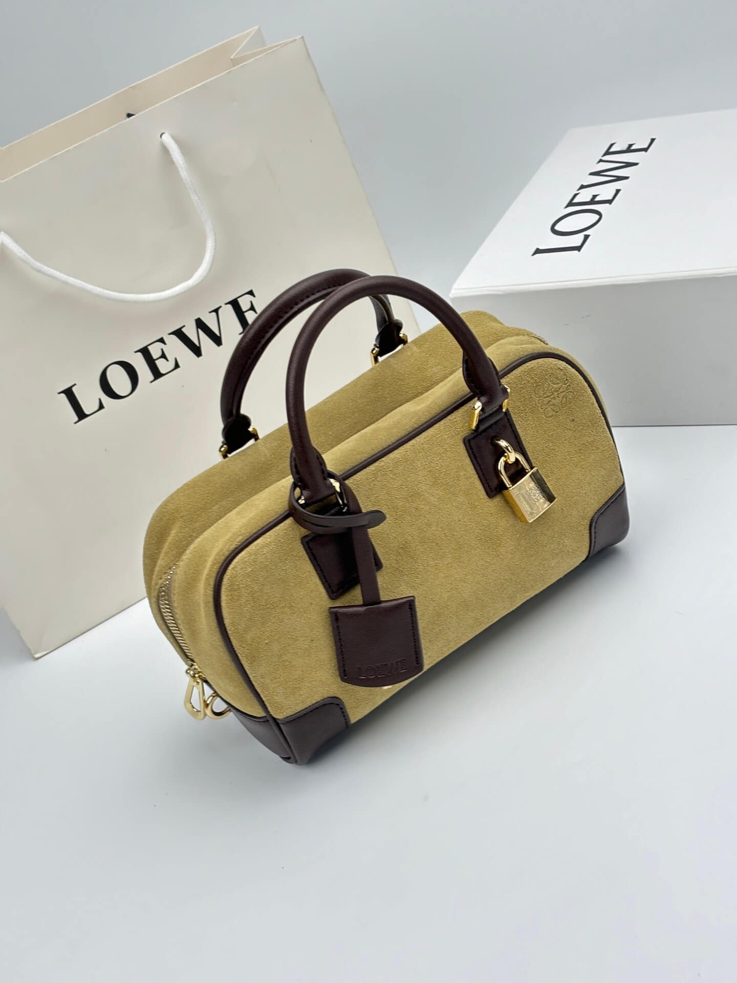 Loewe Amazona 28 Khaki Suede and Dark Brown Leather Top Handle Bag. - Image 3