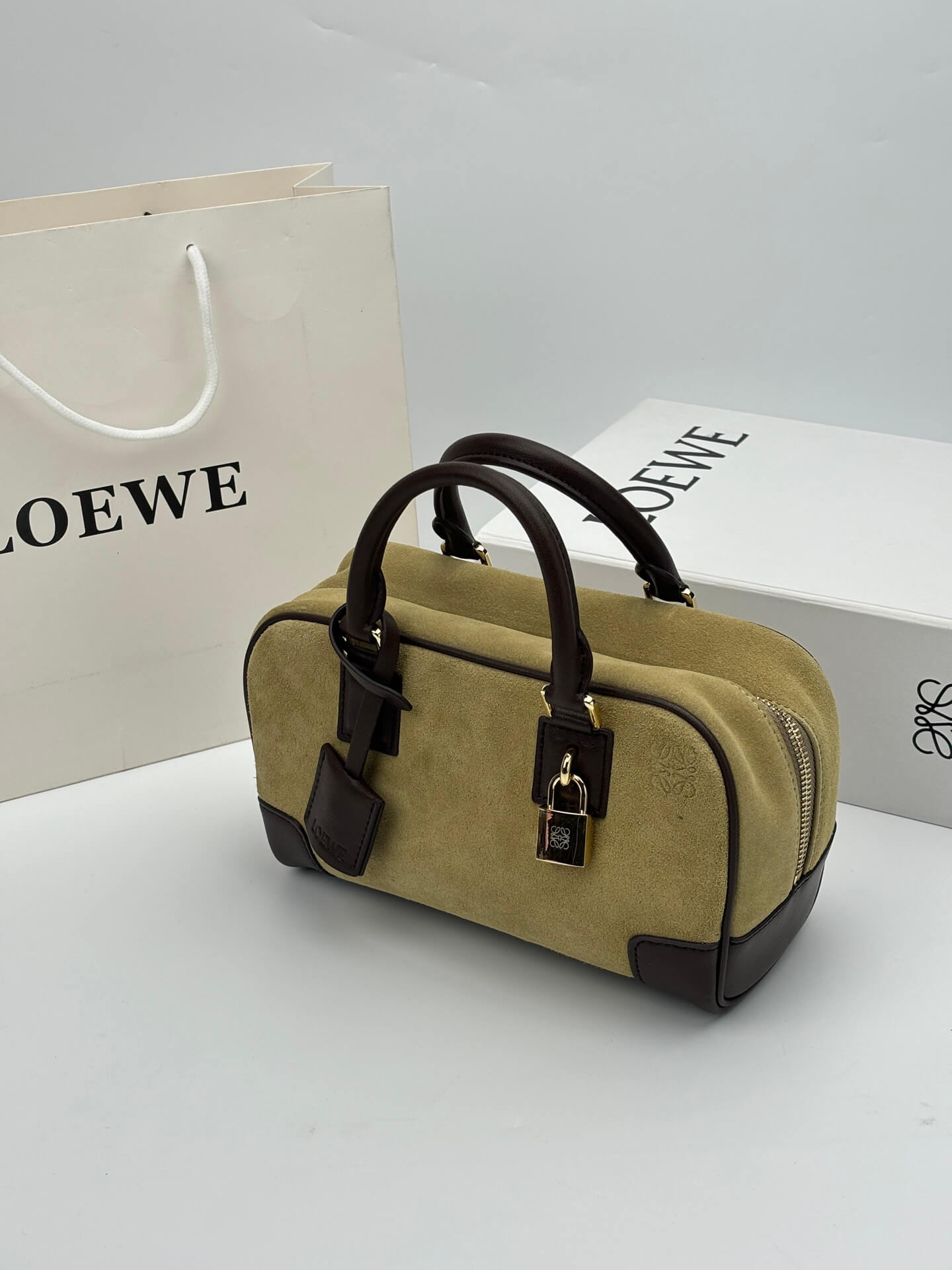 Loewe Amazona 28 Khaki Suede and Dark Brown Leather Top Handle Bag. - Image 4