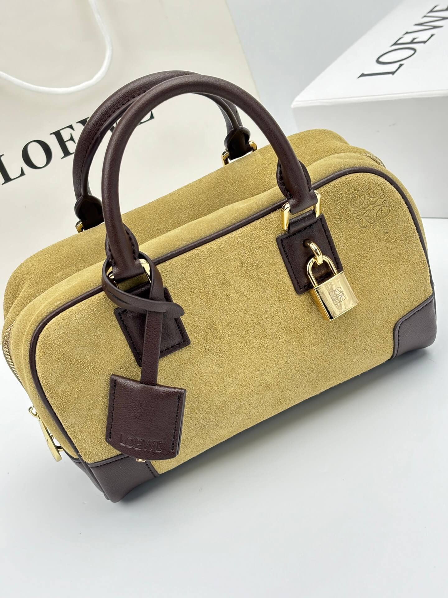 Loewe Amazona 28 Khaki Suede and Dark Brown Leather Top Handle Bag. - Image 6