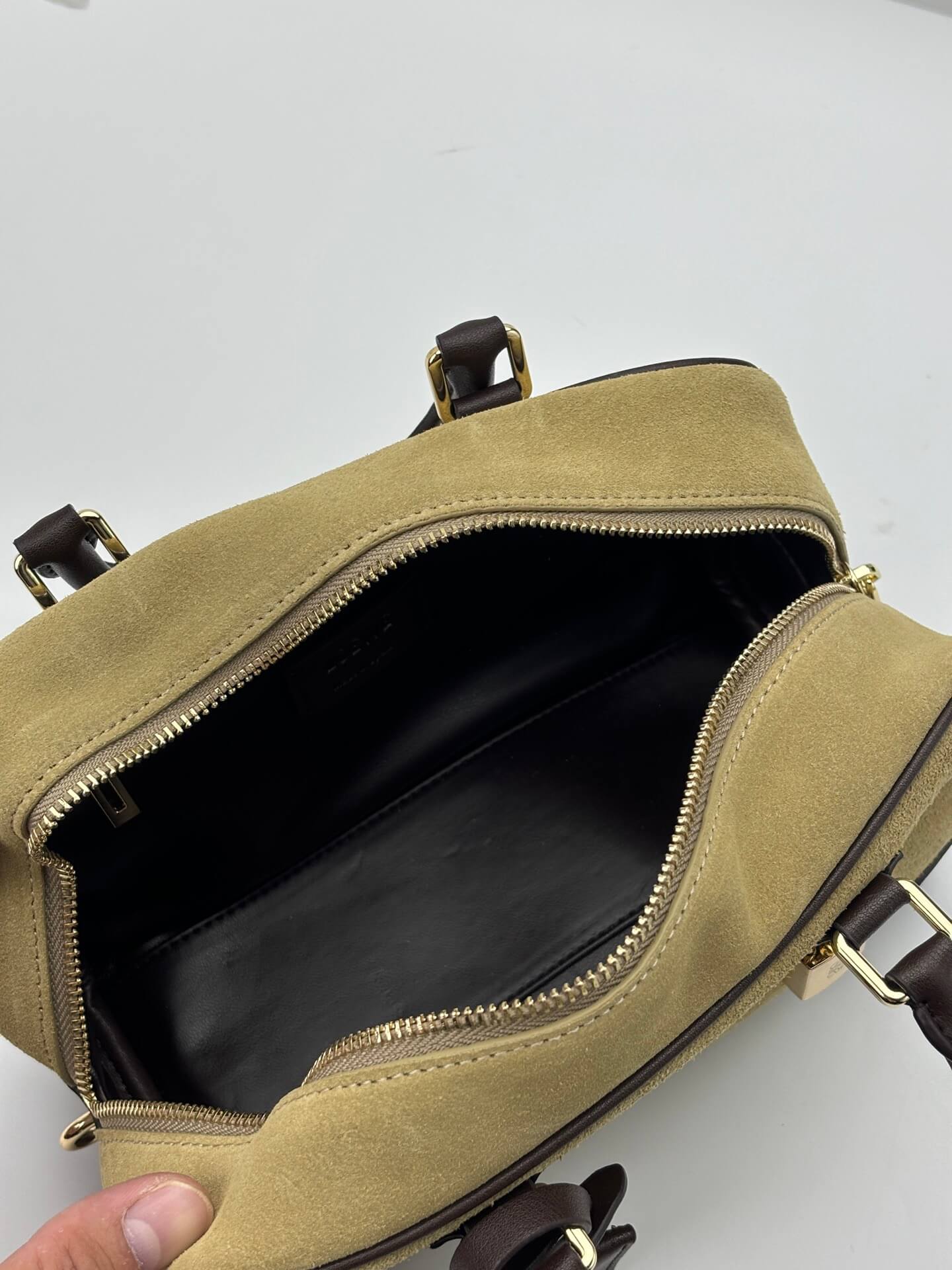 Loewe Amazona 28 Khaki Suede and Dark Brown Leather Top Handle Bag. - Image 8