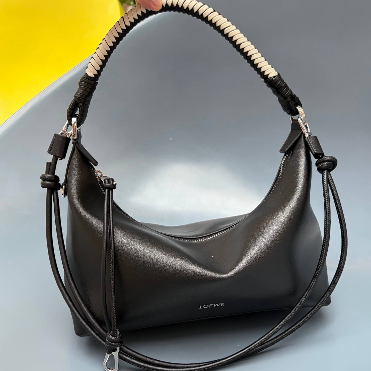 Loewe Paseo Leather Hobo Bag with Braided Handle - Black
