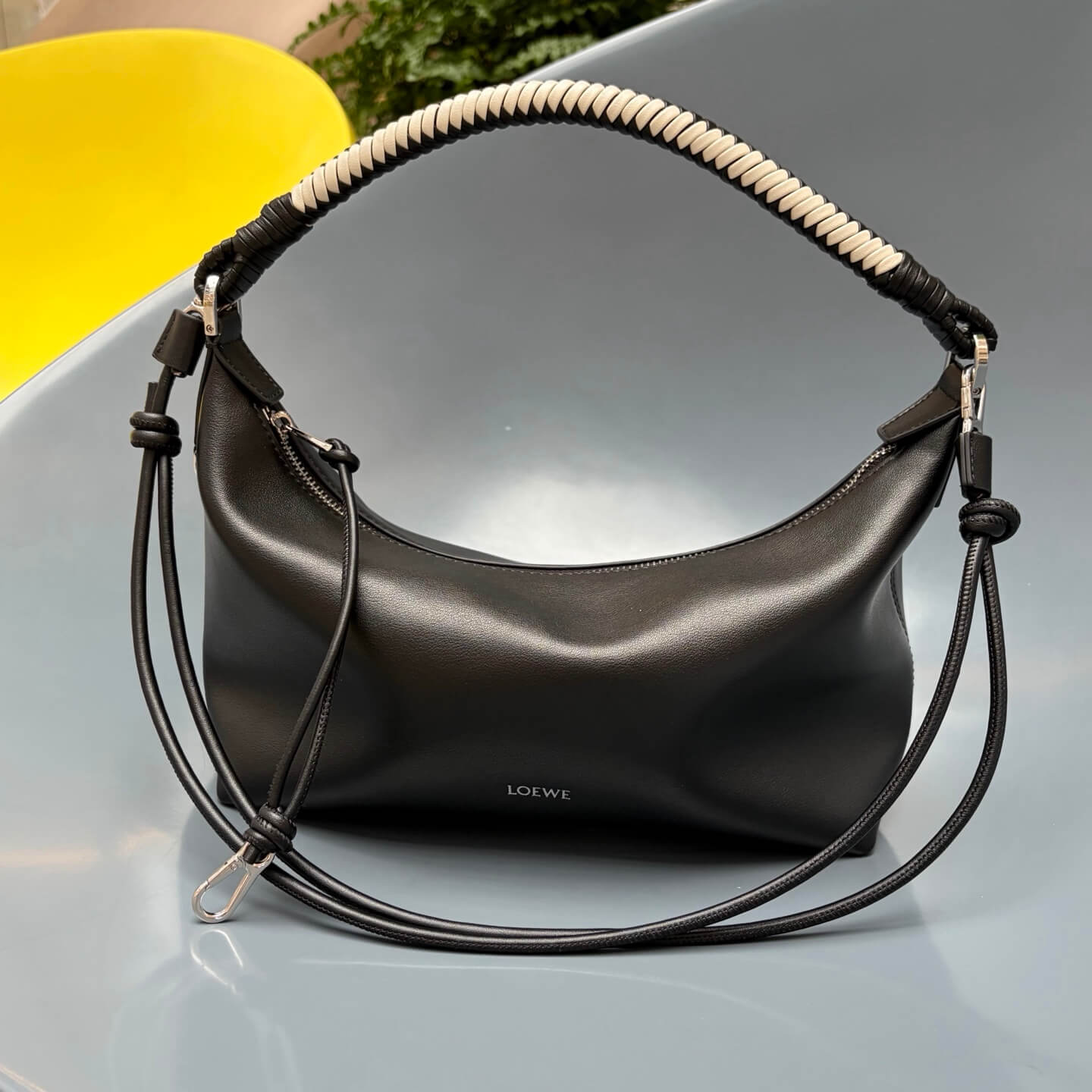 Loewe Paseo Leather Hobo Bag with Braided Handle - Black - Image 3