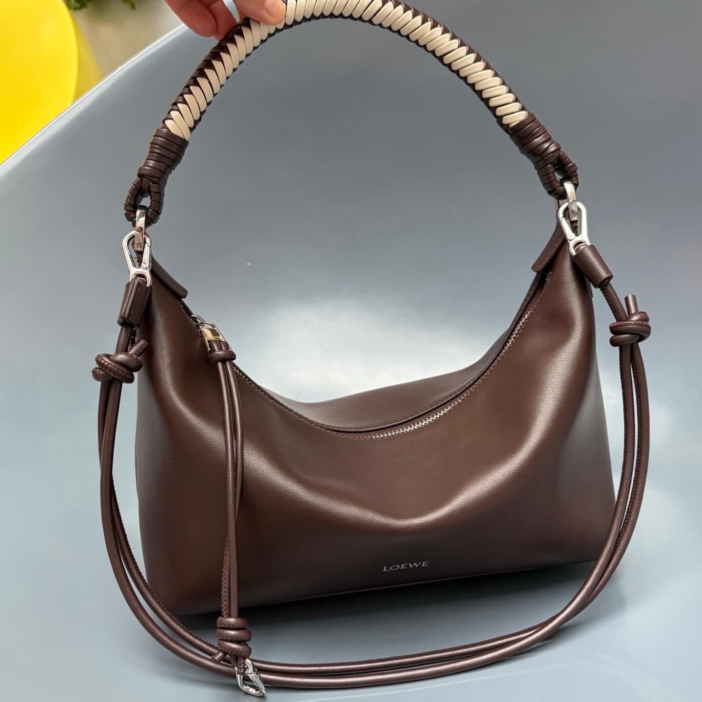 Loewe Paseo Leather Hobo Bag with Braided Handle - Dark Brown