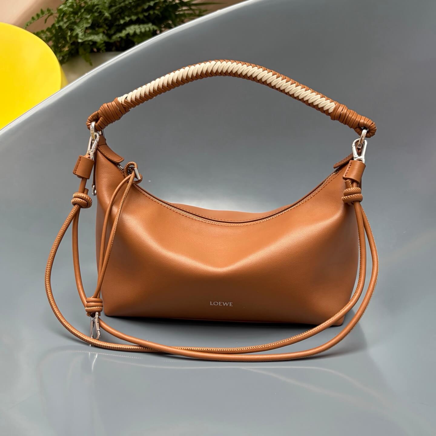 Loewe Paseo Leather Hobo Bag with Braided Handle - Tan