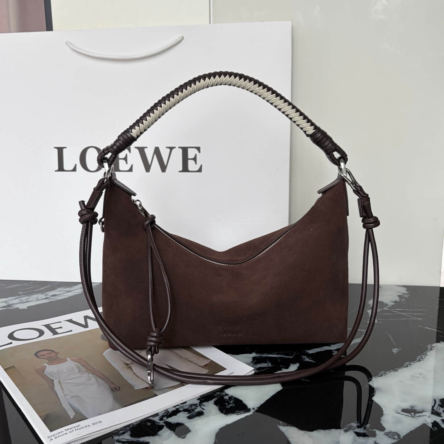 Loewe Paseo Suede Hobo Bag with Braided Handle - Dark Brown