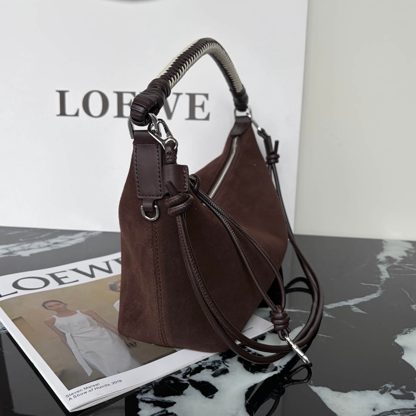 Loewe Paseo Suede Hobo Bag with Braided Handle - Dark Brown - Image 4