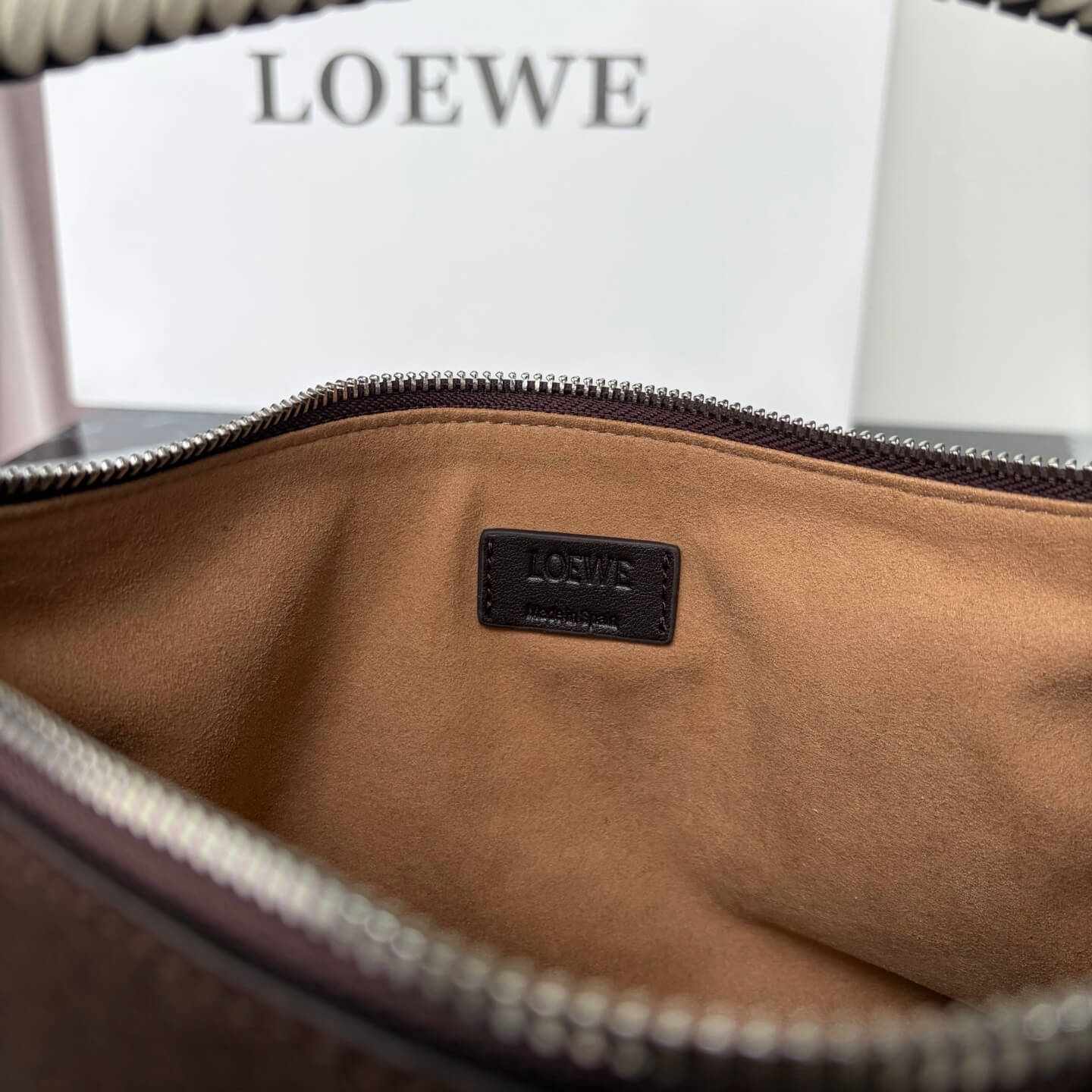 Loewe Paseo Suede Hobo Bag with Braided Handle - Dark Brown - Image 6