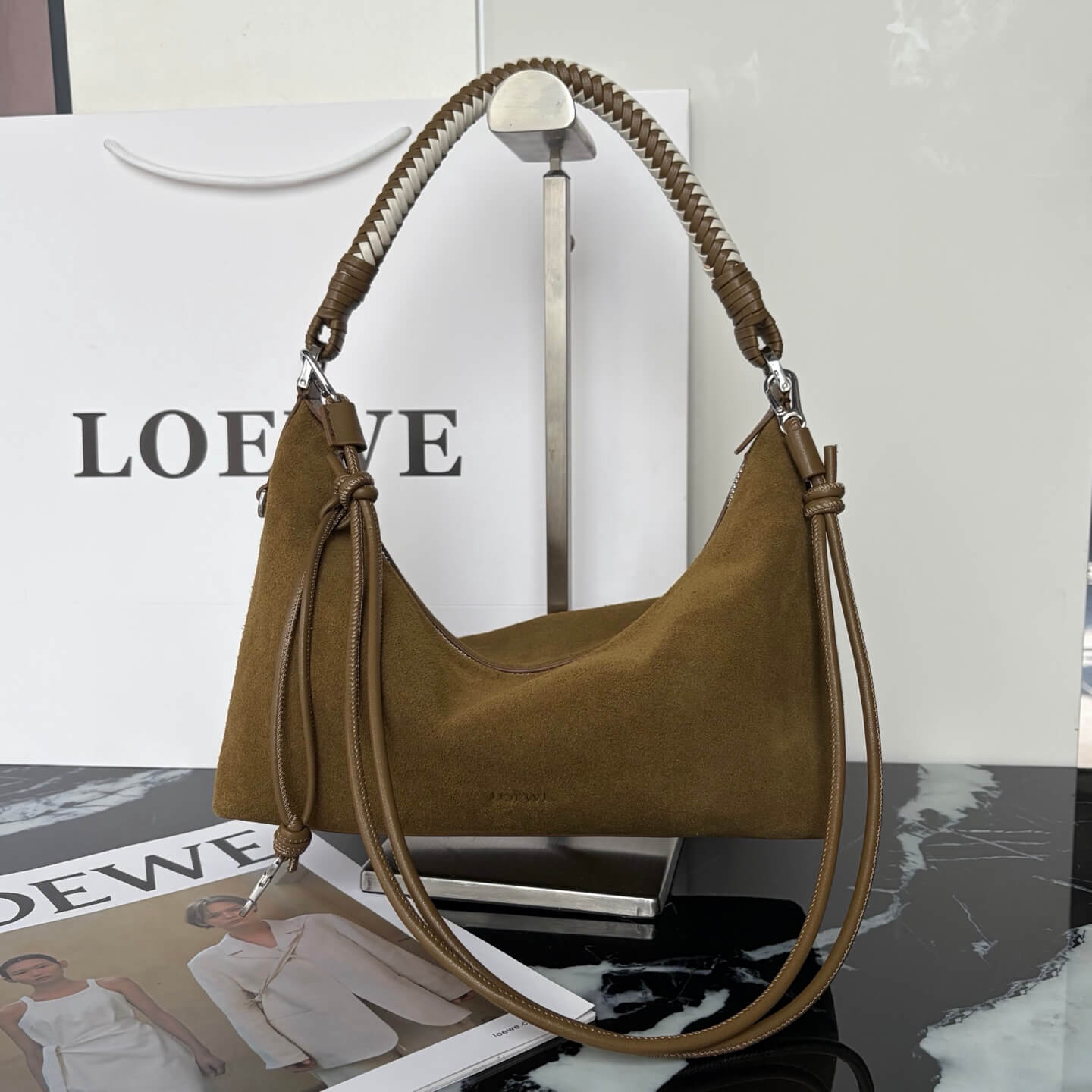 Loewe Paseo Suede Hobo Bag with Braided Handle - Olive Green